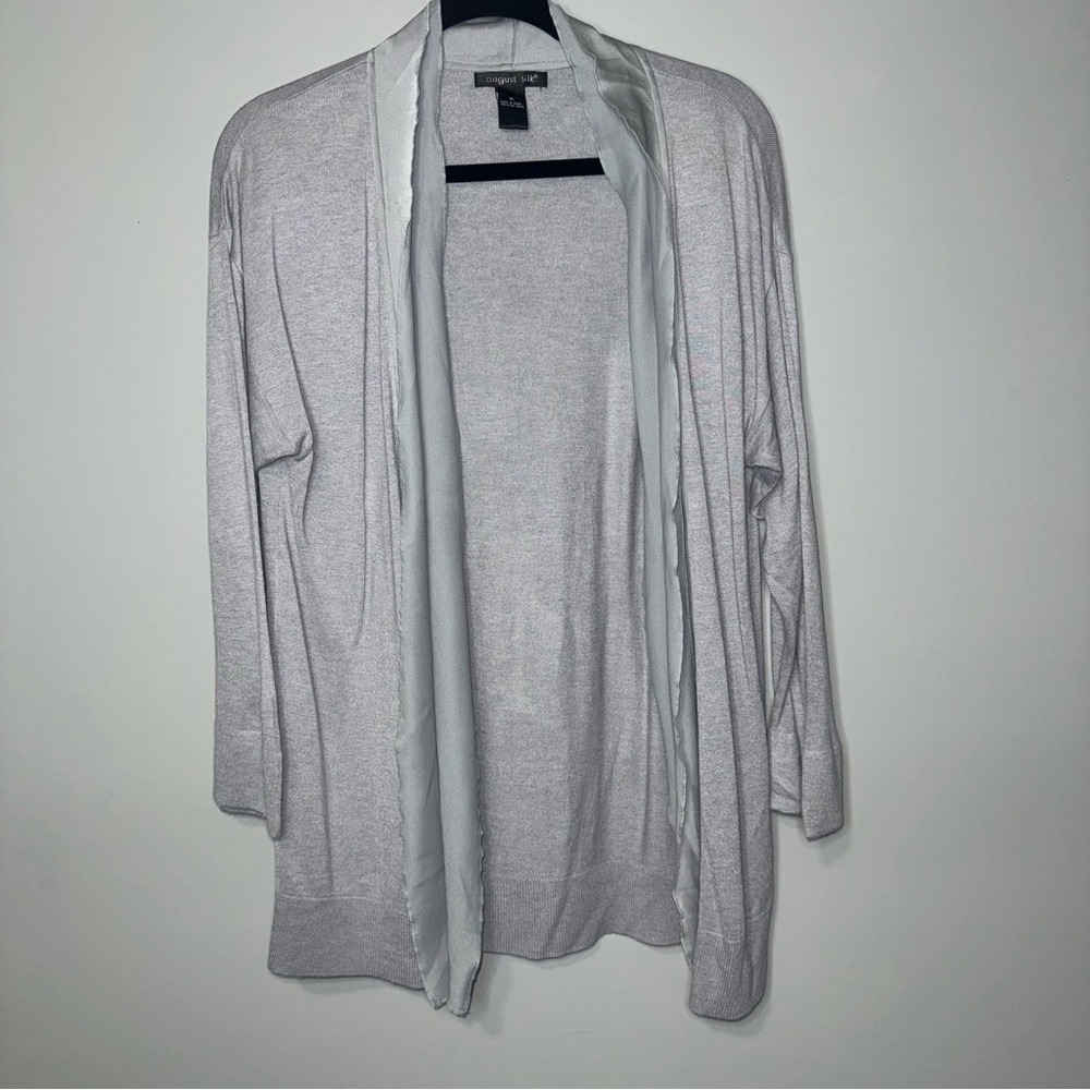 August Silk Womens XL‎ Light Gray Open Front Cardigan Silk Trim Lightweight Knit